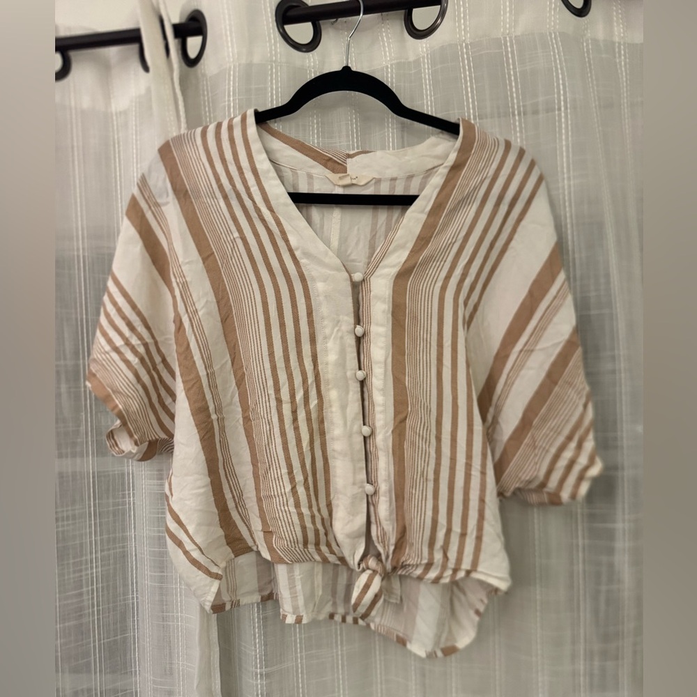 Tan and White Striped Tie Front Button Up Blouse
